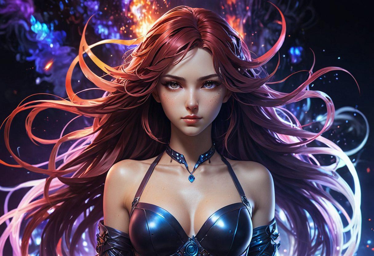 A captivating scene featuring an intricately detailed adult anime character, surrounded by ethereal elements that evoke desire and mystery. The background should be a vibrant blend of colors, showcasing various erotic art styles, while subtly hinting at the themes of exploration and allure. Add soft lighting to enhance the sensuality and create an inviting atmosphere. Include abstract shapes that represent fantasy and imagination. vibrant colors. 3D. cyberpunk.