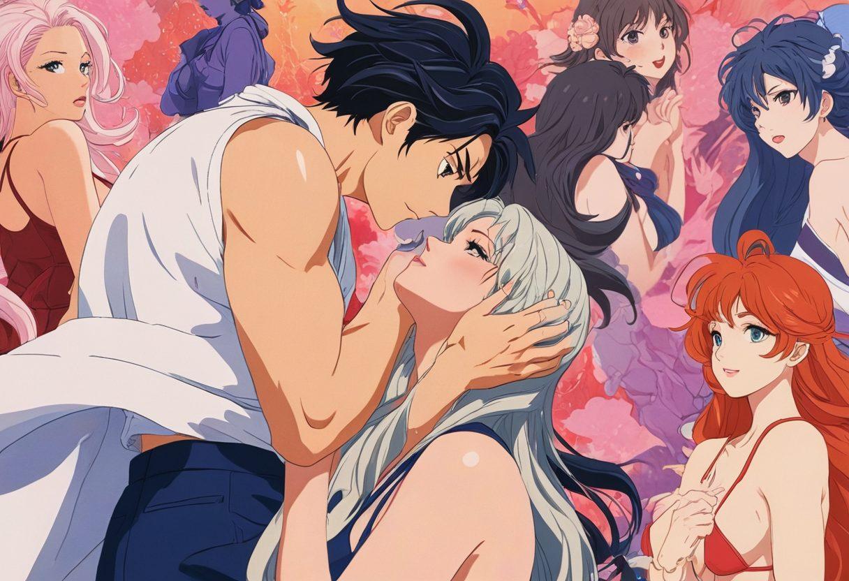 A visually striking collage representing the evolution of adult anime, showcasing vibrant characters in various sensual poses, intertwining elements of animated erotica with elegant artistry. Feature an ethereal background blending soft pastels with bold hues, capturing the essence of fantasy and desire. Include subtle references to iconic adult anime styles, with an emphasis on fluid motion and emotion in the characters' expressions. The overall tone should evoke a sense of transformation and exploration in the adult animation genre. super-realistic. vibrant colors. ethereal background.